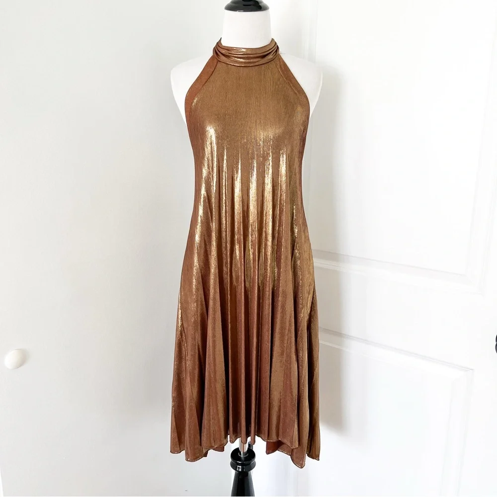 Vintage Semi Sheer Golden Brown Bronze Halter Halter Slinky Mini Dress - Small - Picture 1 of 5